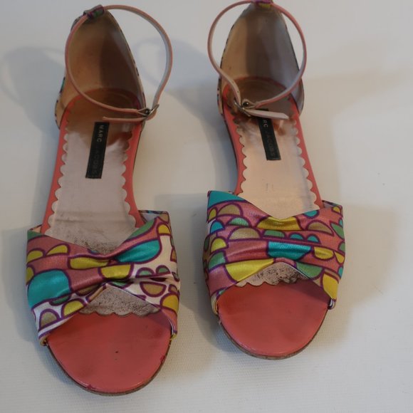 Womens Marc Jacobs Roxy Satin Pink Multi Ankle Strap Peep Toe Flats 7 - Picture 2 of 8